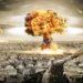 Mushroom clouds rise over a cityscape during a nuclear explosion, symbolizing the devastating consequences of nuclear war.
