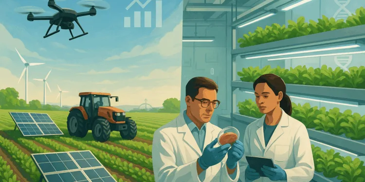 Illustration of sustainable food technology featuring smart farming with drones and solar panels alongside lab-grown food research in a vertical farming lab.