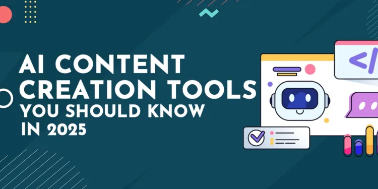 Modern graphic showing AI content creation tools to know in 2025, including chatbot icons and digital interface elements on a dark background.