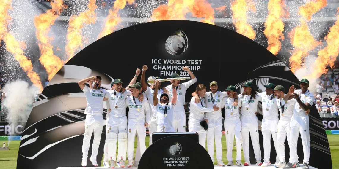 South Africa cricket team celebrates ICC World Test Championship 2025 victory with trophy and fireworks.