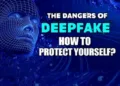 Visual representation of deepfake dangers and how to protect yourself from AI-generated fake content