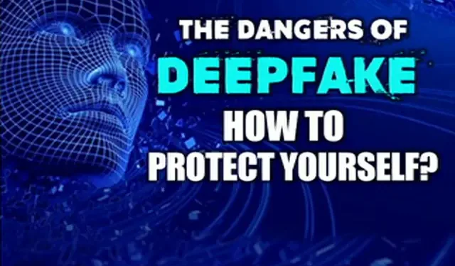 Visual representation of deepfake dangers and how to protect yourself from AI-generated fake content