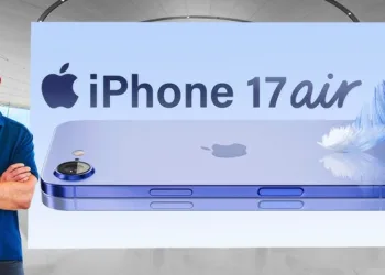 iPhone 17 Air teaser image showcasing ultra-slim design with Apple executive standing beside promotional banner