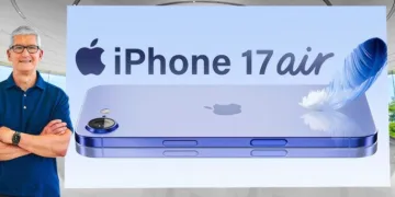 iPhone 17 Air teaser image showcasing ultra-slim design with Apple executive standing beside promotional banner