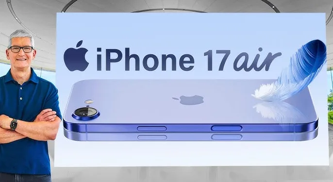 iPhone 17 Air teaser image showcasing ultra-slim design with Apple executive standing beside promotional banner