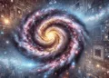 Artistic visualization of a galaxy resembling a computer circuit, symbolizing the theory that the universe is a giant computer