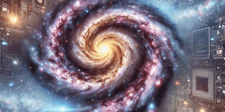 Artistic visualization of a galaxy resembling a computer circuit, symbolizing the theory that the universe is a giant computer