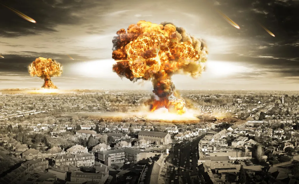 Mushroom clouds rise over a cityscape during a nuclear explosion, symbolizing the devastating consequences of nuclear war.