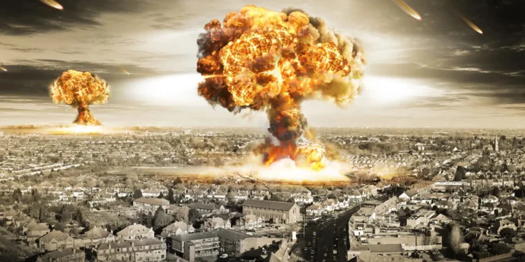 Mushroom clouds rise over a cityscape during a nuclear explosion, symbolizing the devastating consequences of nuclear war.