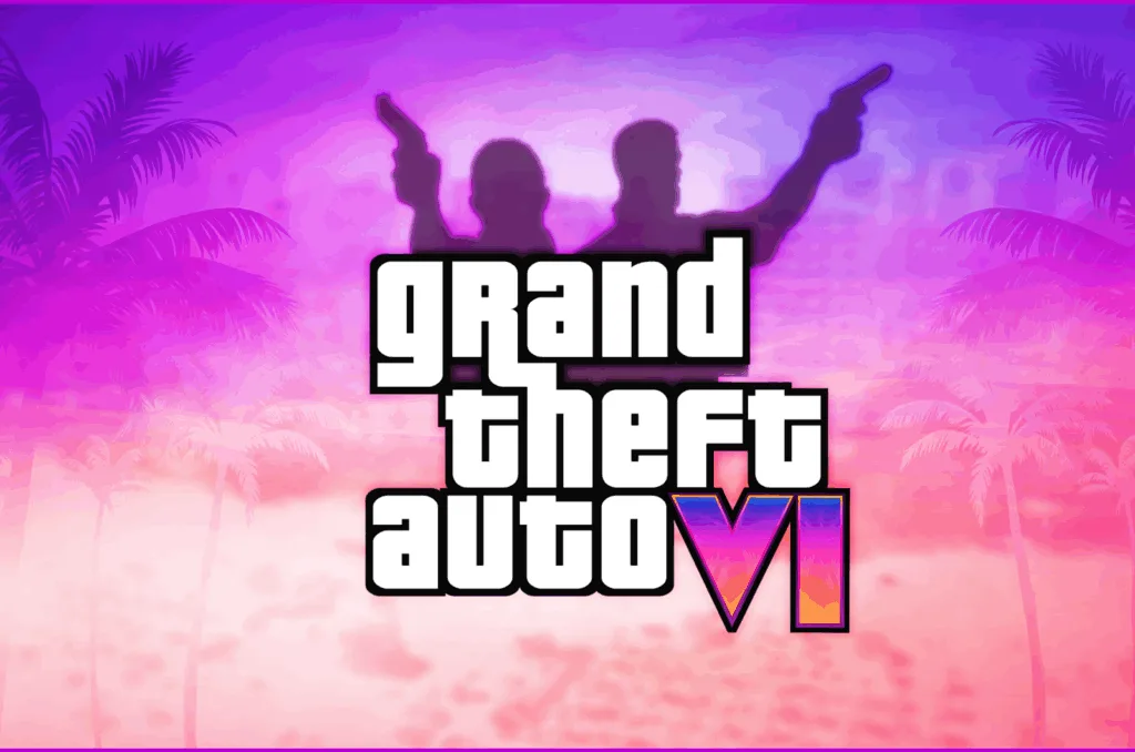 Grand Theft Auto VI logo with tropical background and silhouetted characters