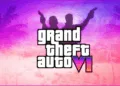 Grand Theft Auto VI logo with tropical background and silhouetted characters