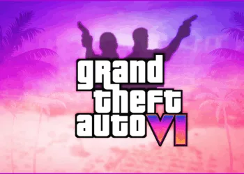 Grand Theft Auto VI logo with tropical background and silhouetted characters
