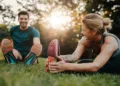 Man and woman stretching together in a park during sunset, promoting physical and mental well-being.