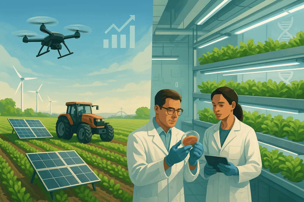Illustration of sustainable food technology featuring smart farming with drones and solar panels alongside lab-grown food research in a vertical farming lab.