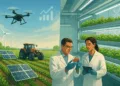 Illustration of sustainable food technology featuring smart farming with drones and solar panels alongside lab-grown food research in a vertical farming lab.