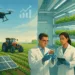 Illustration of sustainable food technology featuring smart farming with drones and solar panels alongside lab-grown food research in a vertical farming lab.