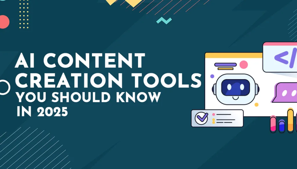 Modern graphic showing AI content creation tools to know in 2025, including chatbot icons and digital interface elements on a dark background.