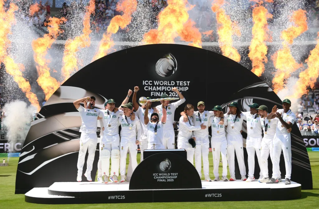 South Africa cricket team celebrates ICC World Test Championship 2025 victory with trophy and fireworks.