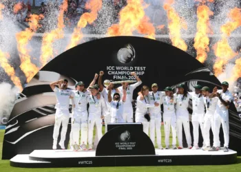 South Africa cricket team celebrates ICC World Test Championship 2025 victory with trophy and fireworks.